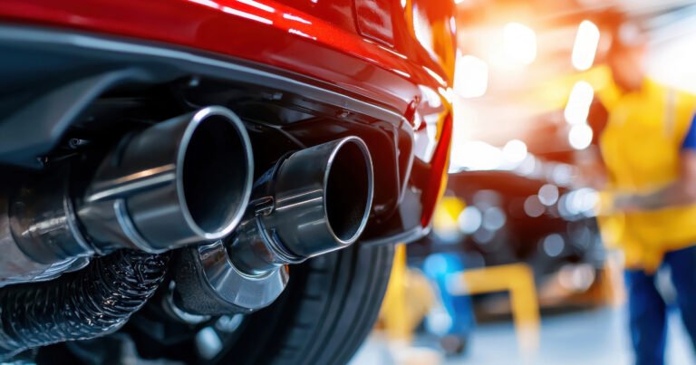 Detailed View of a Car Exhaust System Being Fixed in a Light-Filled Garage While Mechanics Work on Vehicles for Upkeep and Auto Upgrades.